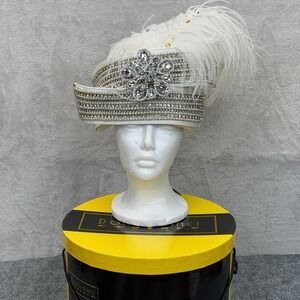 Donna Vinci Hat Cloche Womens White Taffeta Rhinestone Feathers Derby Church